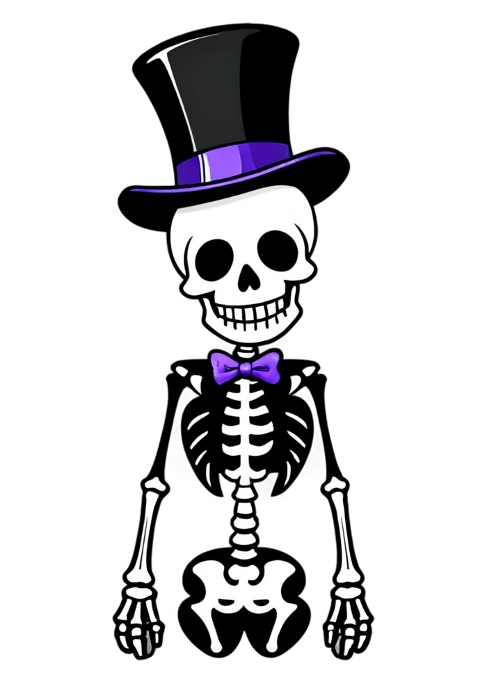 Halloween Decorated Smiling Skeleton With A Top Hat Graphic Suitable For Jersey, Bucket Hats, Bumper Sticker, Framed Print, Throw Blanket png