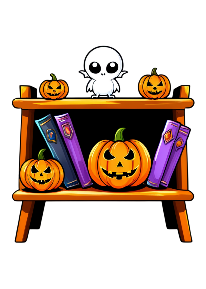 Halloween Illustrated Spooky Bookshelf With Magic Items Illustration Perfect For Sweatshirt, Scarves, Anime Sticker, Metal Print, Bath Mat png