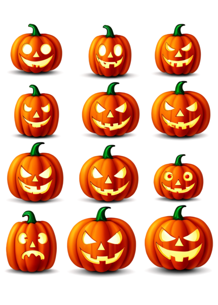 Halloween Styled Jacko lantern With Various Expressions Graphic Element Ideal For Apparel, Accessories, Water Bottle Sticker, Framed Print, Throw Blanket png