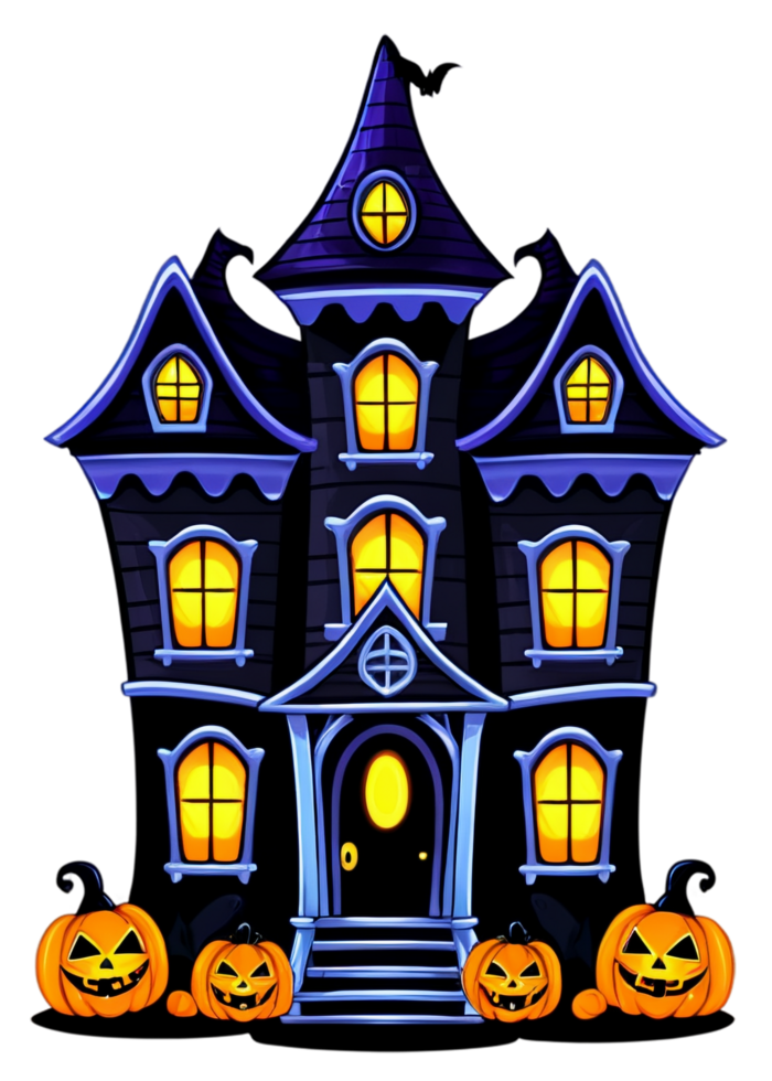 Halloween Focused Haunted House With Glowing Windows Clipart Optimized For Outfit, Hoodies Sweatshirts, Cool Sticker, Canvas Print, Bedding png