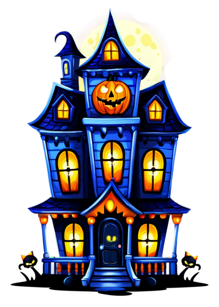 Halloween Decorated Haunted House With Glowing Windows Render Designed For Jersey, Bucket Hats, Car Sticker, Art Print, Throw Pillow png