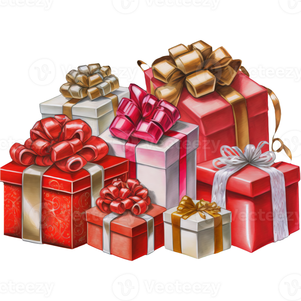 Festive Christmas Gifts Displayed Over a Transparent Background.Beautifully wrapped holiday presents set against a clear, airy backdrop, evoking the magic of the season. png
