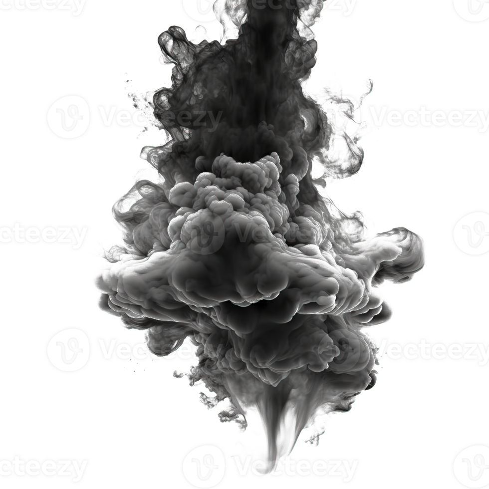Ethereal Burst of Black Smoke A striking explosion effect on a clear, transparent background, showcasing intricate swirling patterns and delicate wisps. png