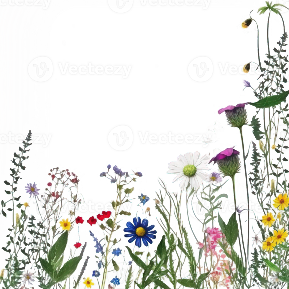 Enchanting Wildflower Herbs Border A delicate array of boho-inspired wildflowers and herbs gracefully arranged on a transparent background, evoking natural beauty and serenity. png