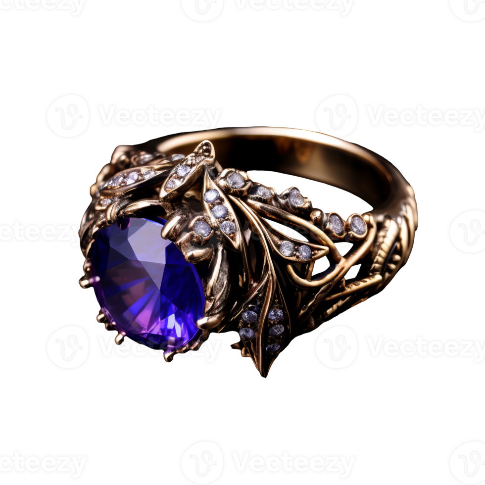 A violet fantasy ring, beautifully decorated, floats ethereally on a transparent background, exuding charm and mystique. png