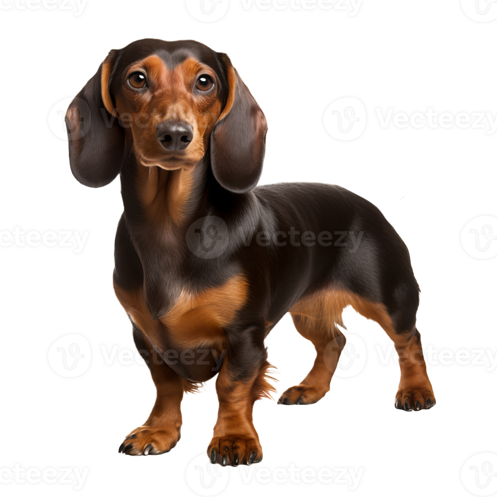 A Dachshund dog displayed in full body detail stands on a transparent background, showcasing its long silhouette. png