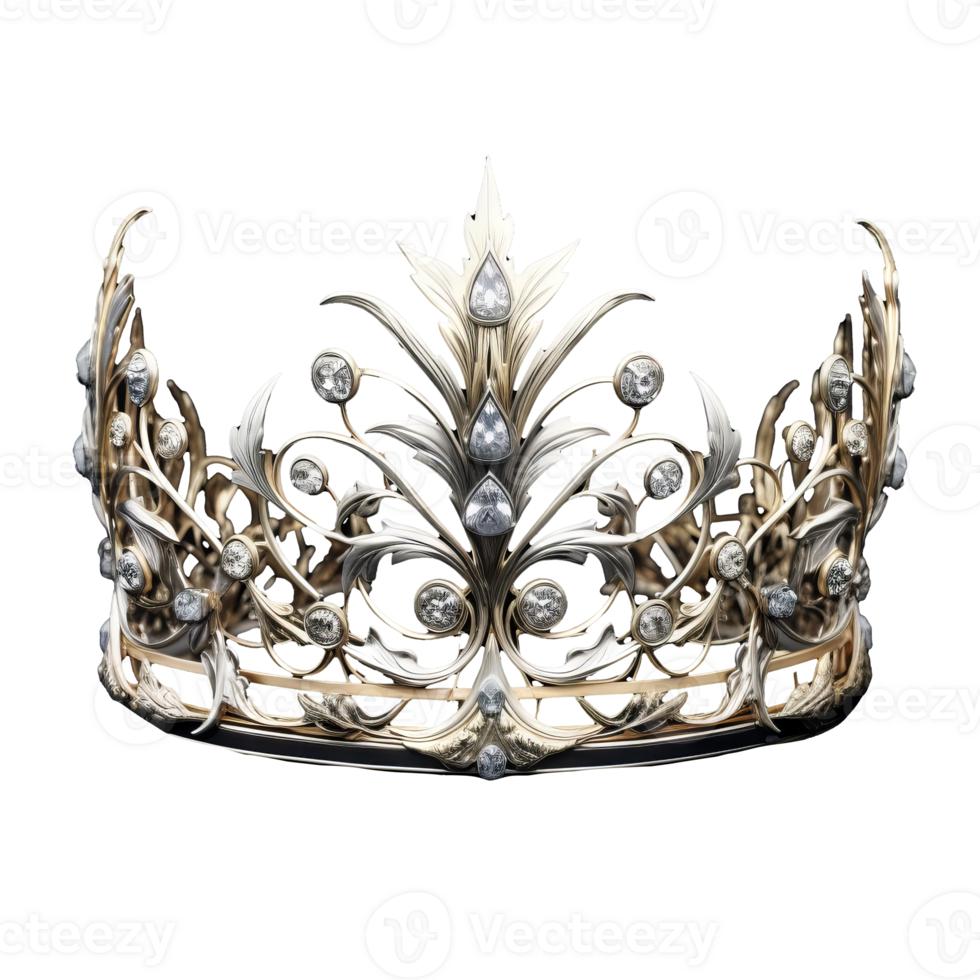 Elegant white fantasy crown adorned with intricate designs, set against a clear transparent background, radiates beauty and regality. png