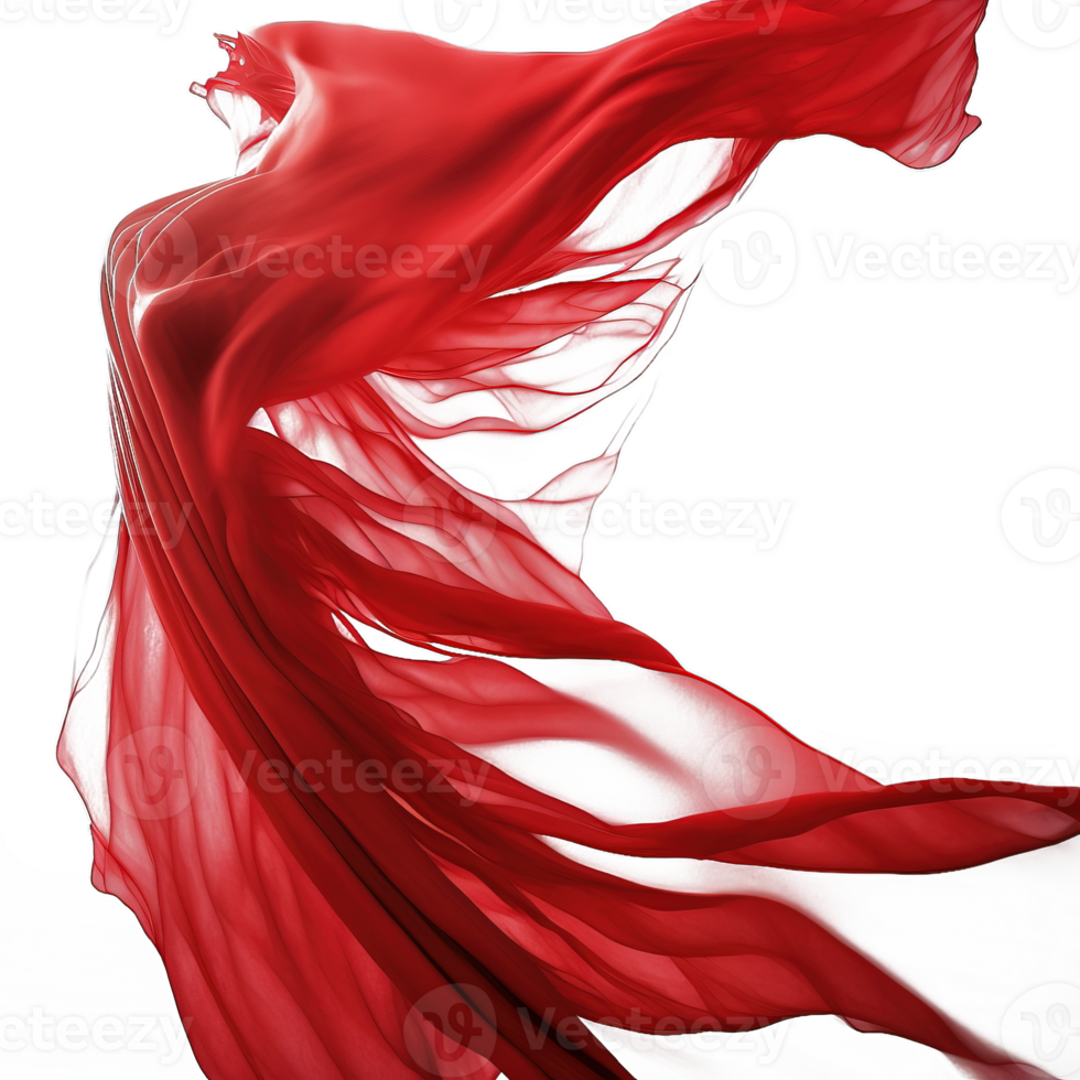Ethereal Crimson Silk in Flight against a Clear Backdrop.Delicate red fabric gracefully floats, showcasing its vibrant hue and capturing moments of fluid elegance on a transparent canvas. png