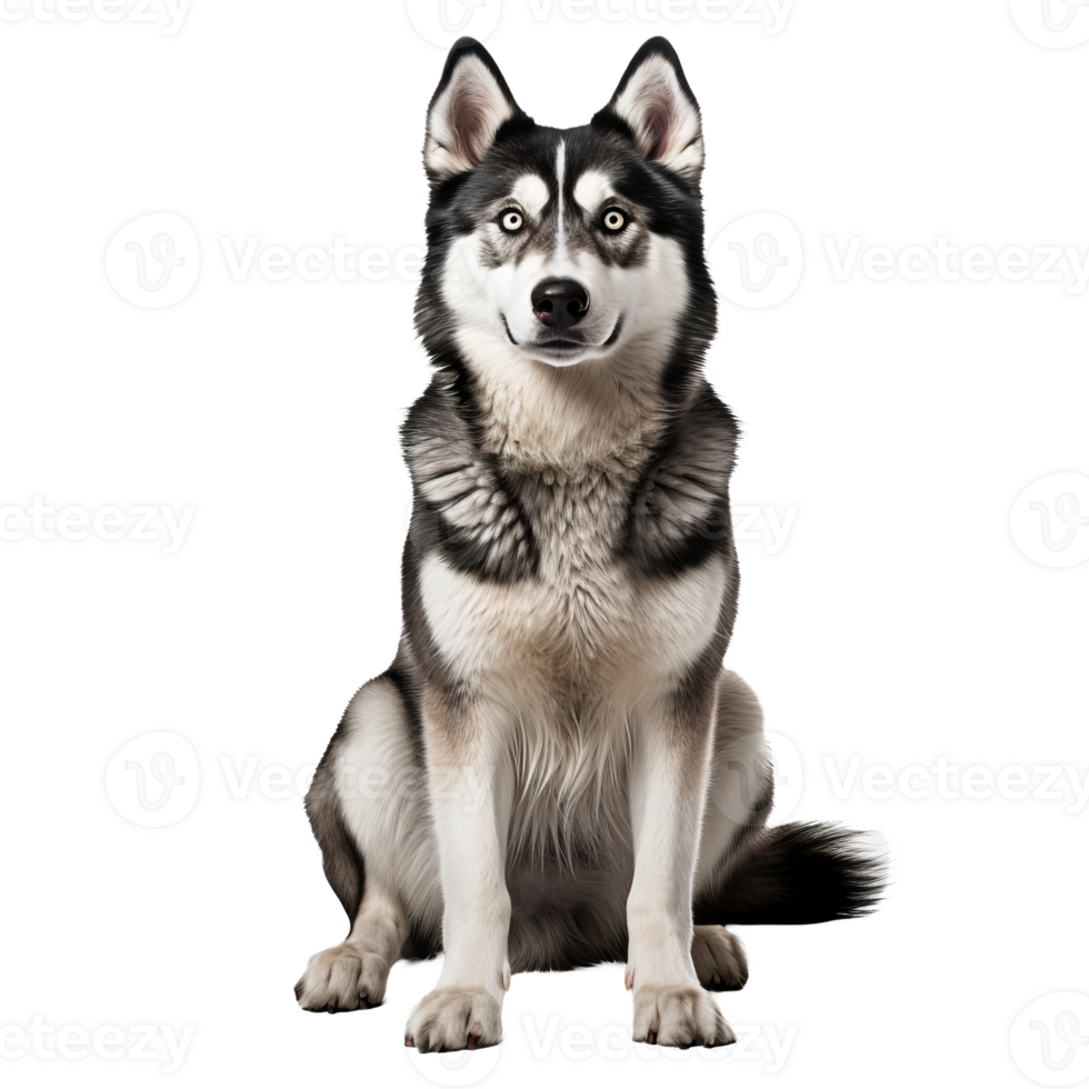 Siberian Husky dog shown in full body, with distinctive thick fur and striking eyes, displayed against a transparent background. png