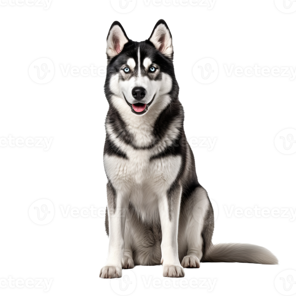 Siberian husky dog shown in full body stance on a transparent background, featuring its distinct thick fur and piercing eyes. png