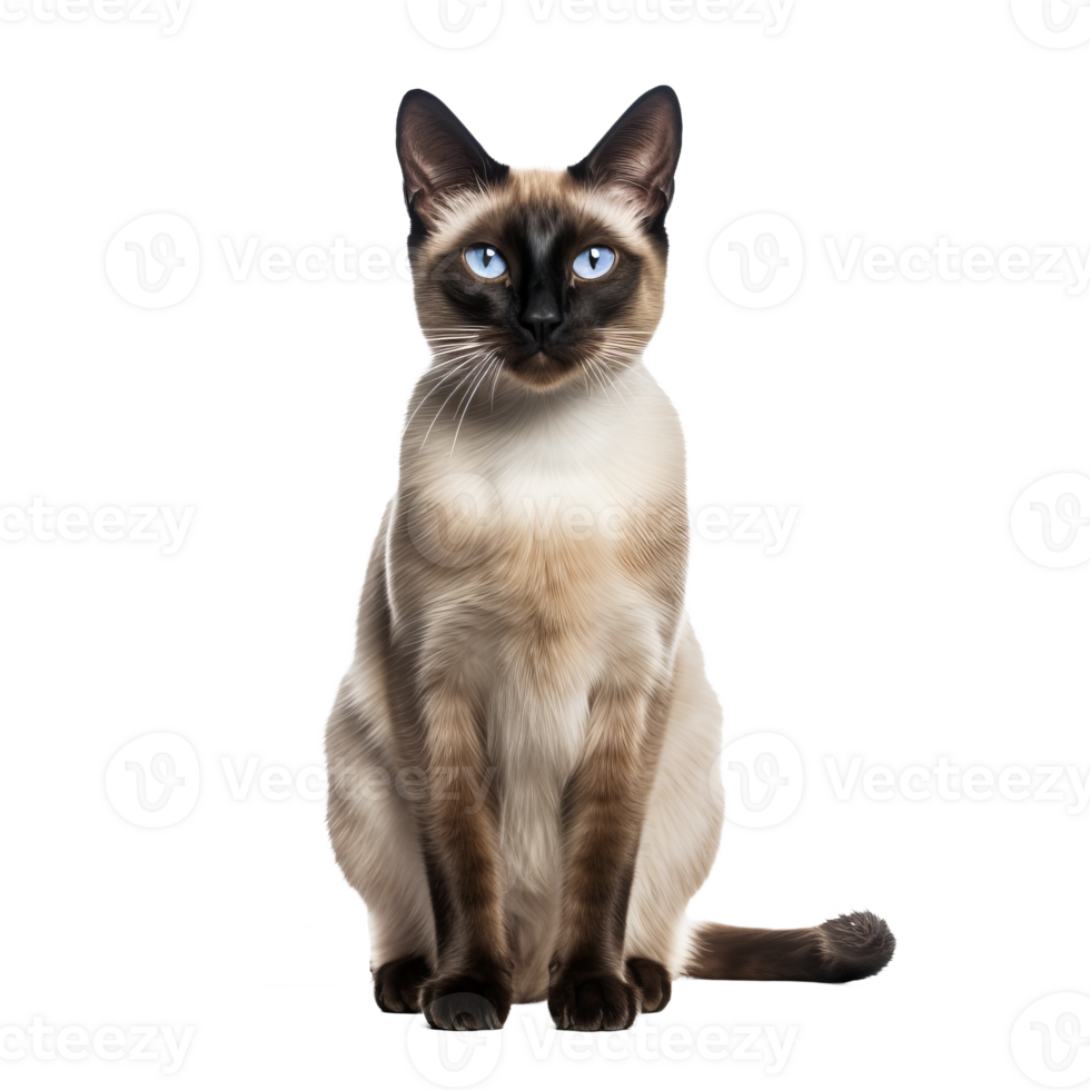 A Siamese cat with sleek fur and piercing blue eyes stands in full view against a transparent background, showcasing its elegant body and distinctive color points. png