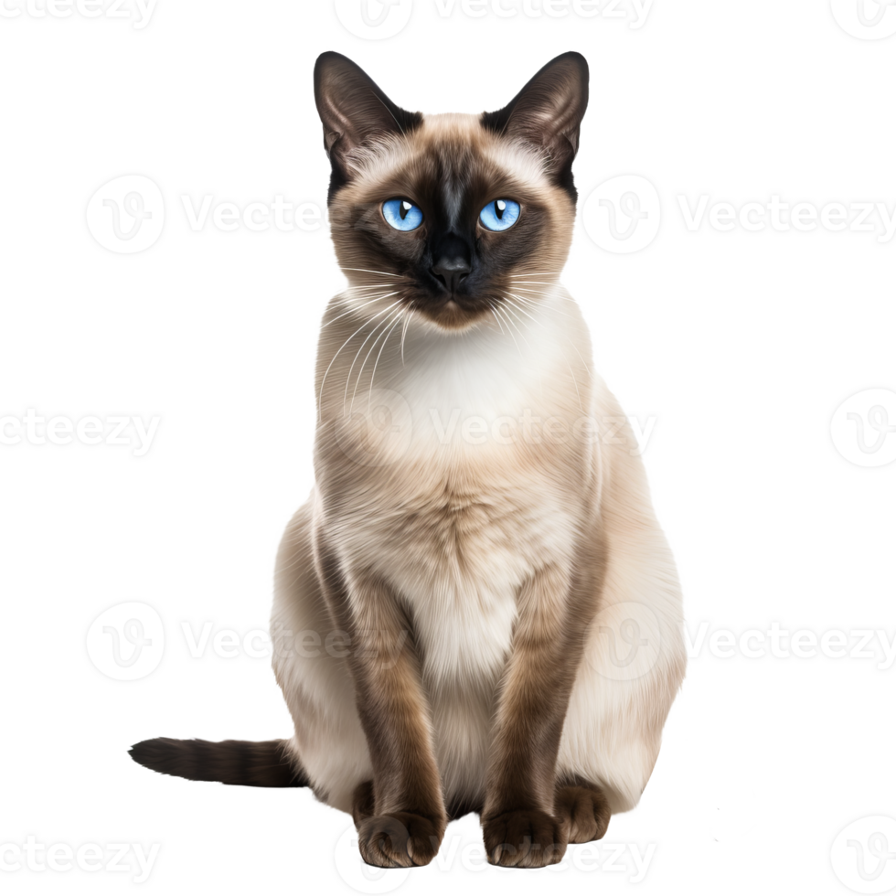 Siamese cat in full-body view, poised and graceful, with a sleek coat, vivid blue eyes, and striking color points, isolated against a transparent background. png