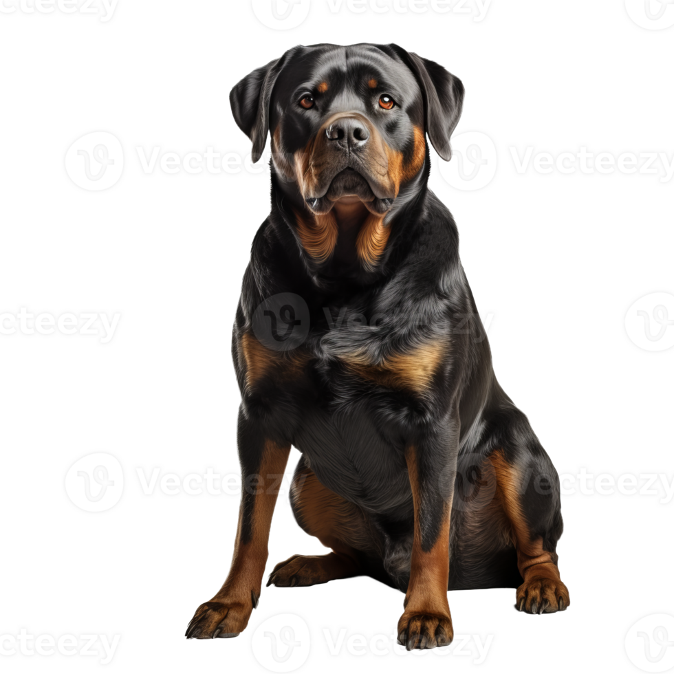 Rottweiler standing in profile, showcasing its muscular full body, with a sleek black and tan coat. The image has a transparent background. png