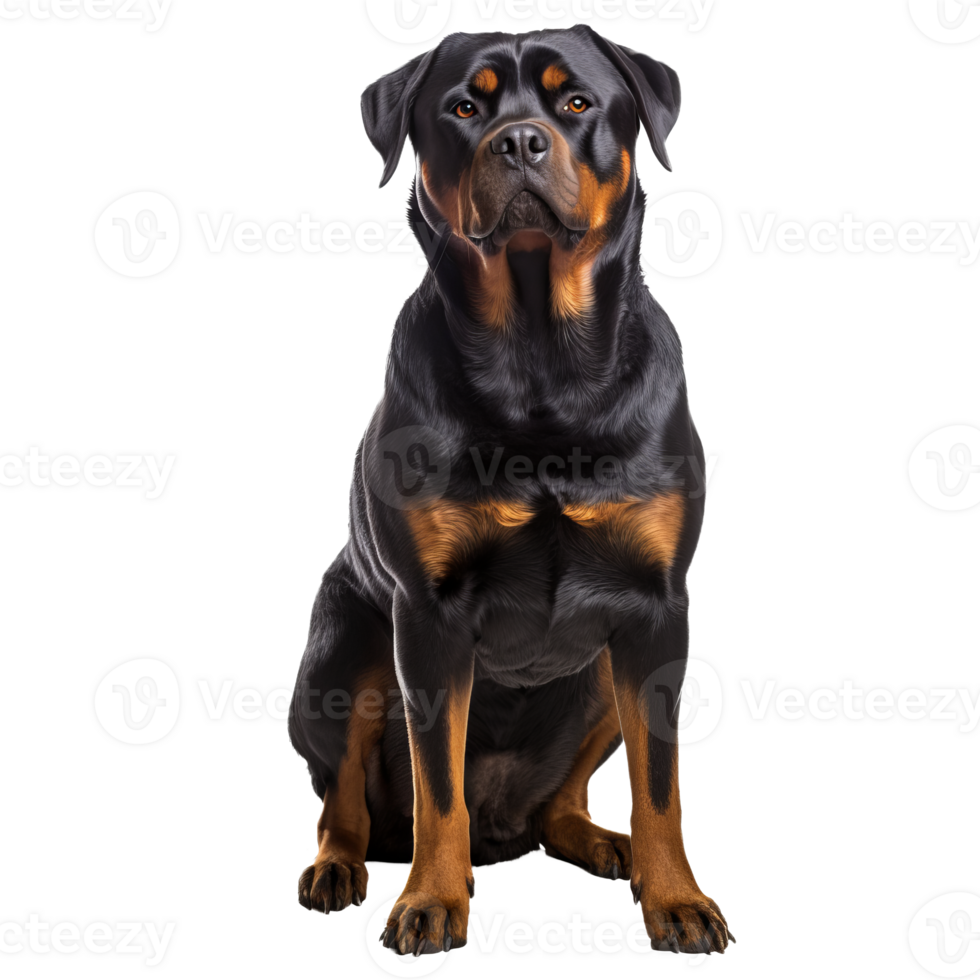 A full-body illustration of a Rottweiler dog standing, with a glossy coat, showcased clearly on a transparent background for versatile use. png