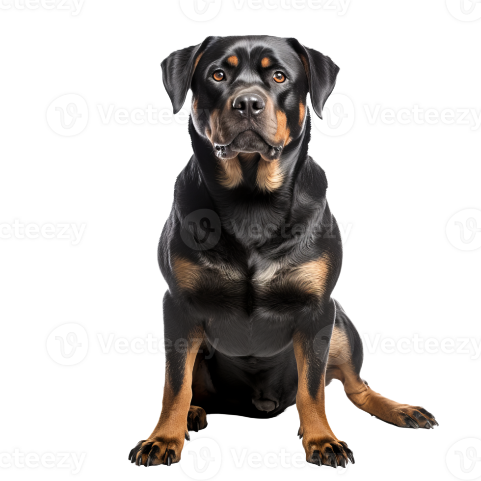 Rottweiler dog displayed in full body stance, with a clear, transparent background highlighting its muscular frame and distinct markings. png