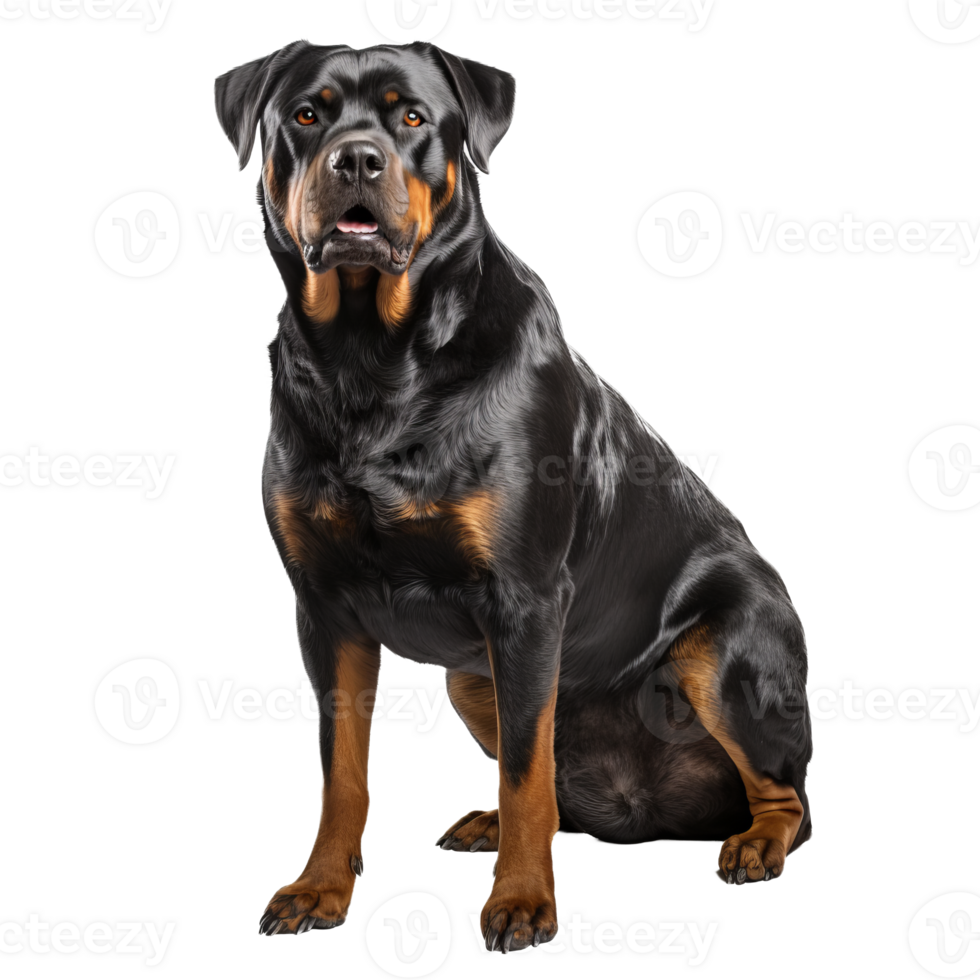 A full-bodied Rottweiler stands alert, with a glossy coat and muscular frame, depicted against a transparent backdrop, showcasing its powerful stance. png