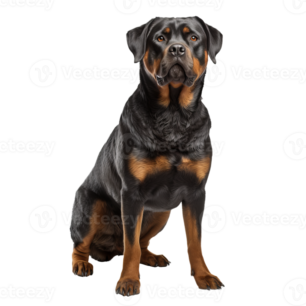 Rottweiler dog, full body displayed, on a transparent background, showcasing its muscular build and distinctive black and tan coat. png