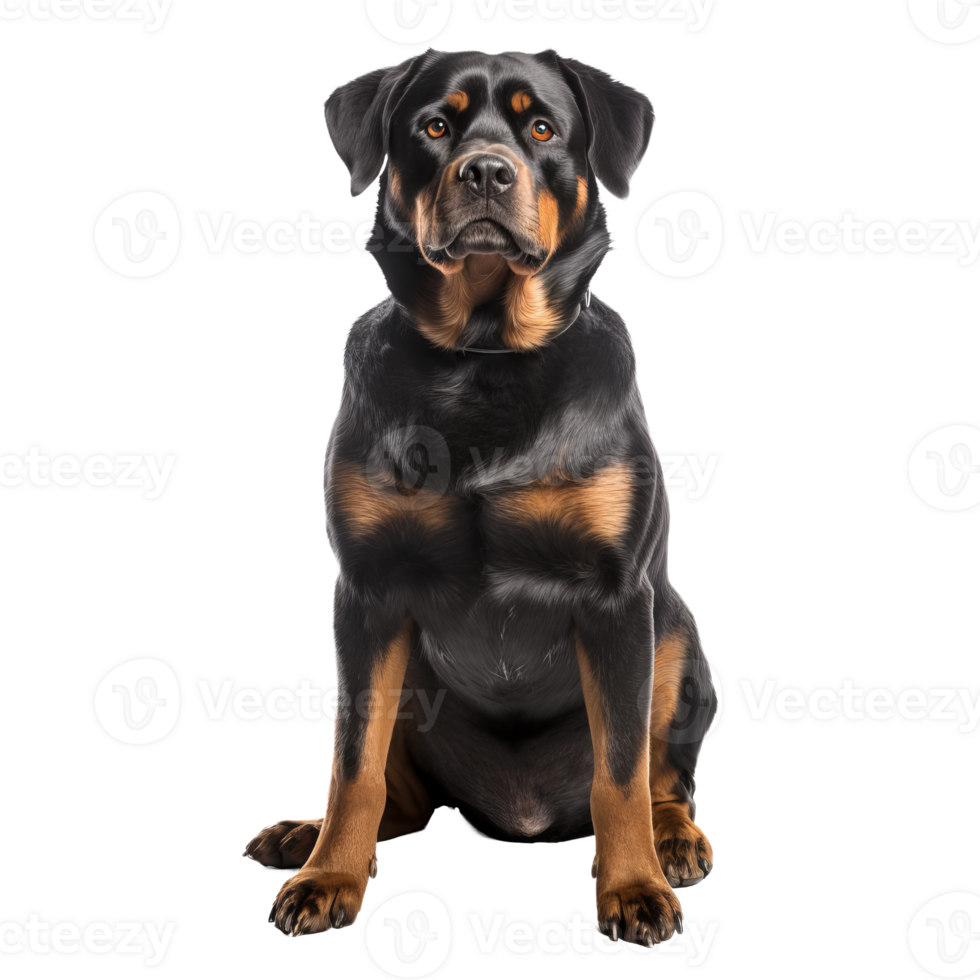 Rottweiler dog stands in full view, well-muscled and alert, displayed against a transparent background, showcasing its strength and poise. png