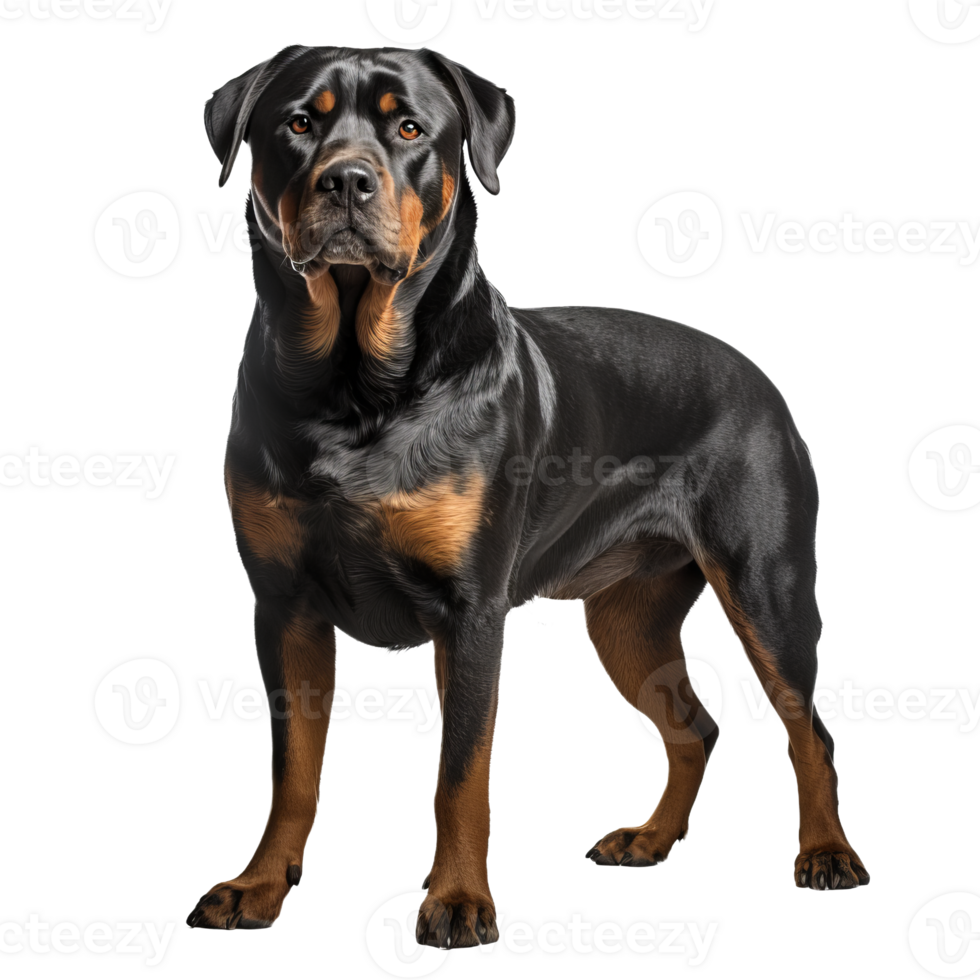 Rottweiler, muscular and alert, stands in full body view against a transparent backdrop, showcasing its glossy black and tan coat. png