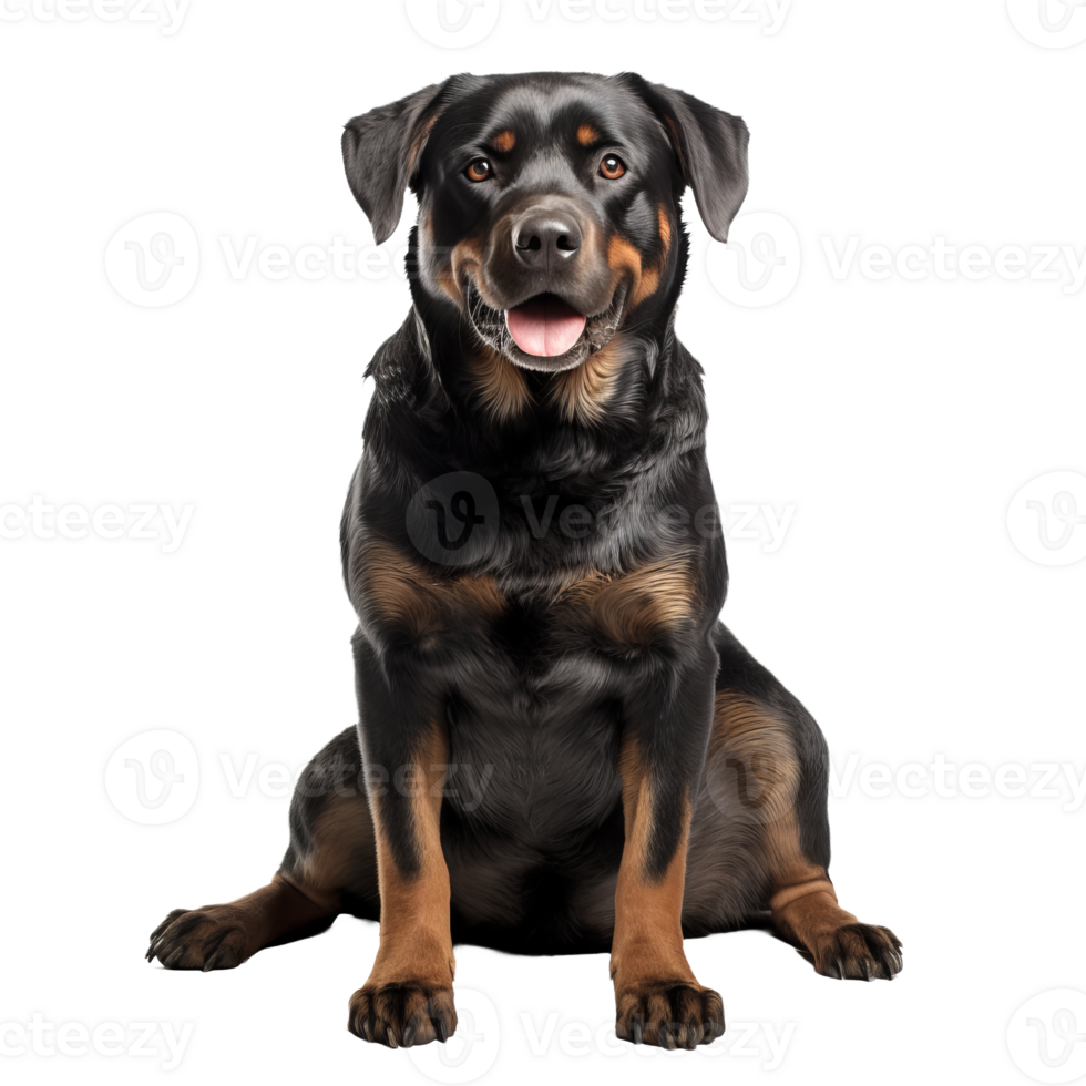 A Rottweiler dog stands in full view, its muscular frame and glossy black and tan coat displayed clearly against a transparent background. png