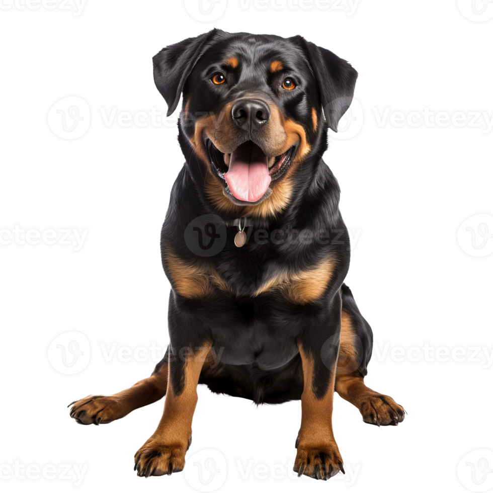 Rottweiler dog stands alert with a glossy coat and muscular build, depicted in full body detail against a transparent background. png
