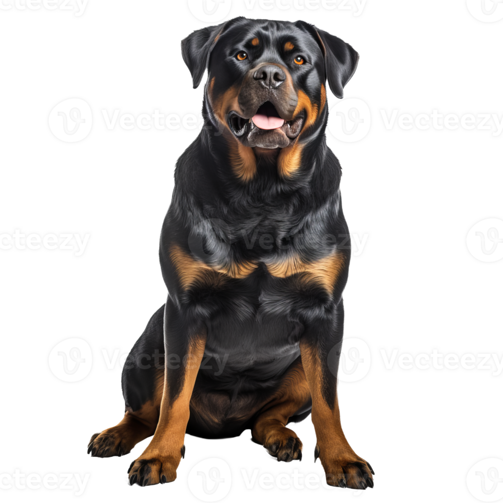 A full-body Rottweiler dog stands with a confident stance, its muscular frame and distinctive black and tan markings showcased on a transparent background. png