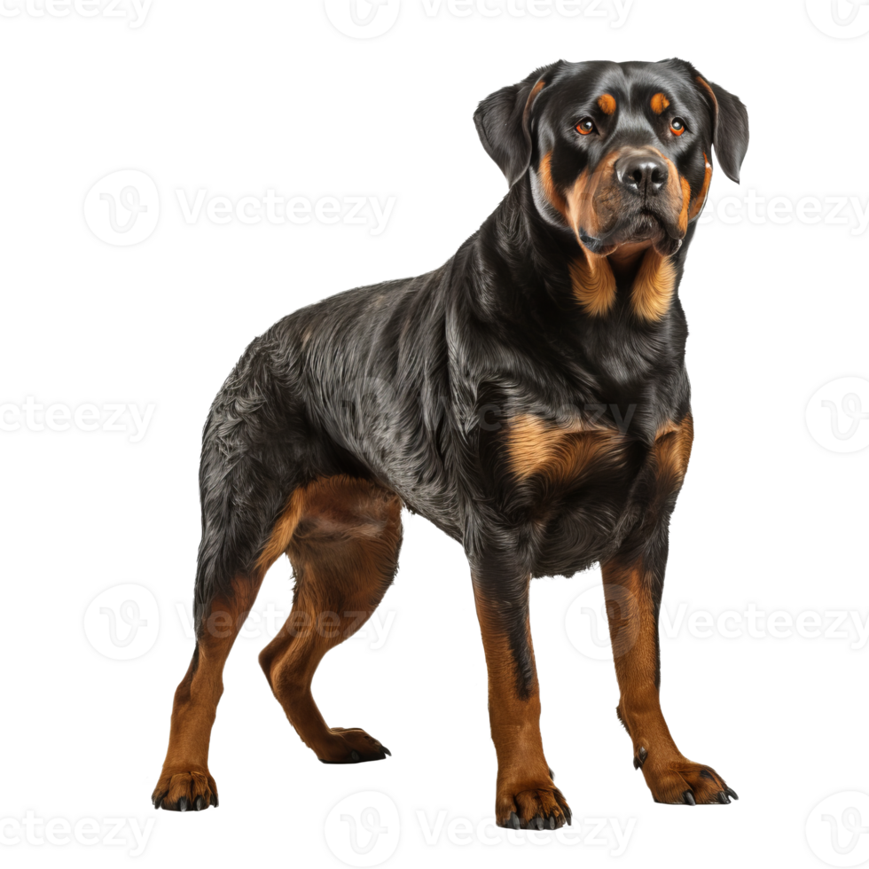 Rottweiler dog stands in full profile, showcasing its muscular build and black-and-tan coat on a transparent background, poised and dignified. png