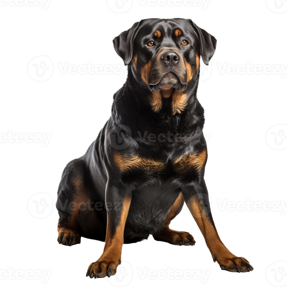 A full-body image of a Rottweiler dog with a glossy coat, standing alert on a transparent background, showcasing its robust physique. png