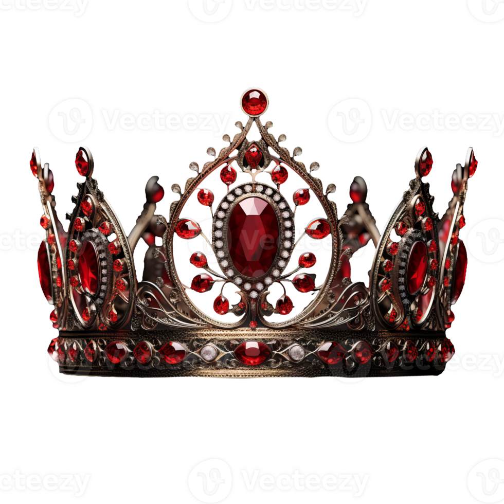 A beautiful, red fantasy crown is decorated with intricate designs, showcased on a transparent background. png