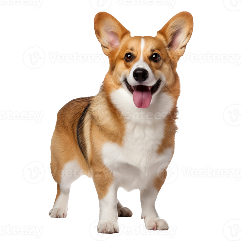 A full-body illustration of a Pembroke Welsh Corgi, presented without backdrop, showcasing its short stature and fox-like facial features against transparency. png
