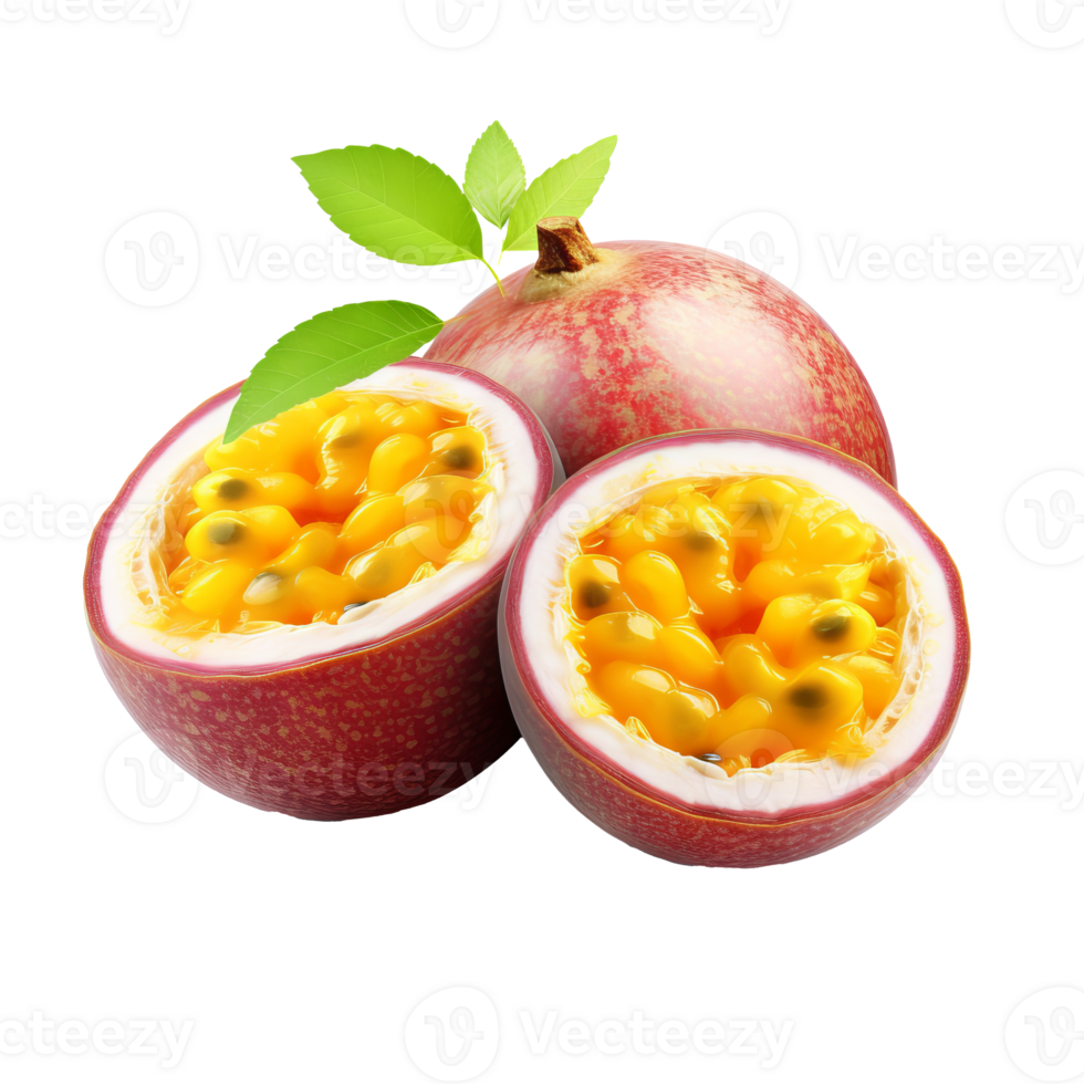 Passion fruit with full detailing isolated on a transparent background, showcasing its vibrant color and texture. png
