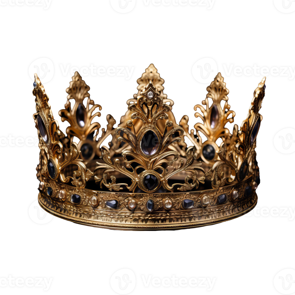 Elegant gold fantasy crown, intricately decorated, shining on a transparent backdrop, exuding beauty and majesty. png