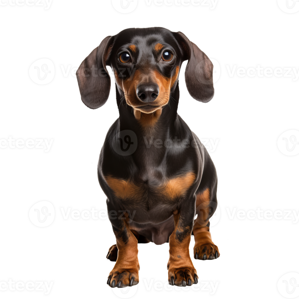 A full-body illustration of a dachshund dog with fine details and shading stands out against a transparent background, showcasing its unique long body and short legs. png