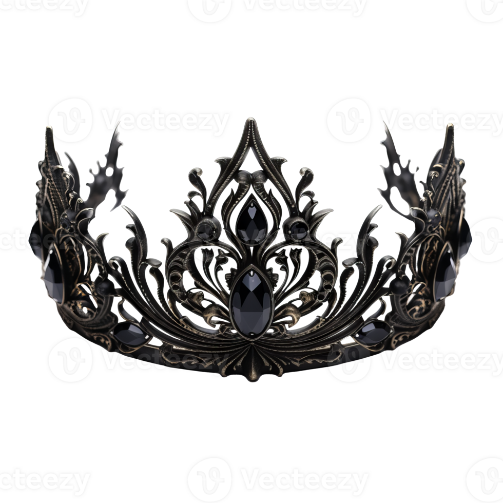 A beautiful black fantasy crown, intricately decorated, floats on a transparent background. png