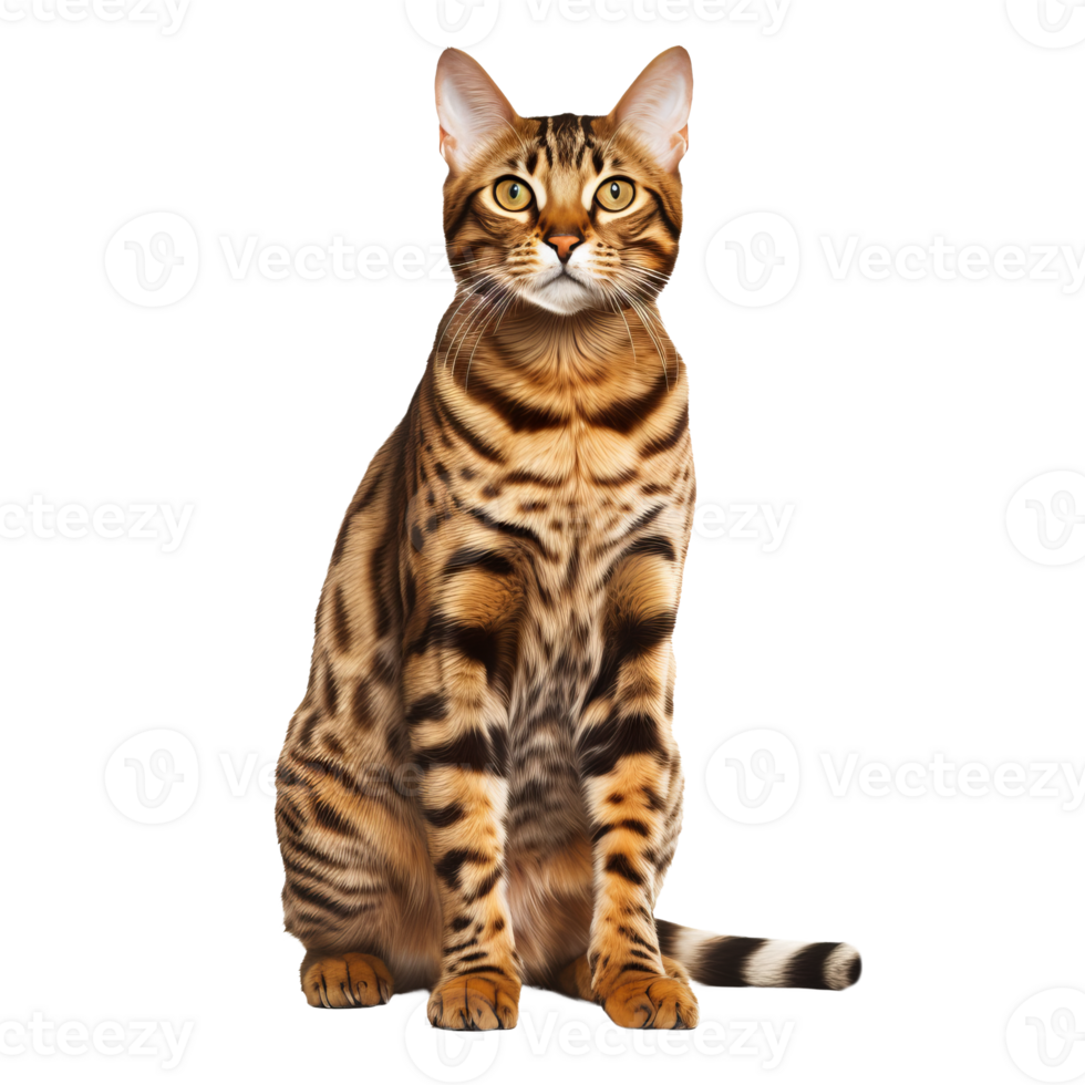 Bengal cat, striking spotted coat, sleek full body pose, on transparent background, showcasing its agile build and wild appearance. png
