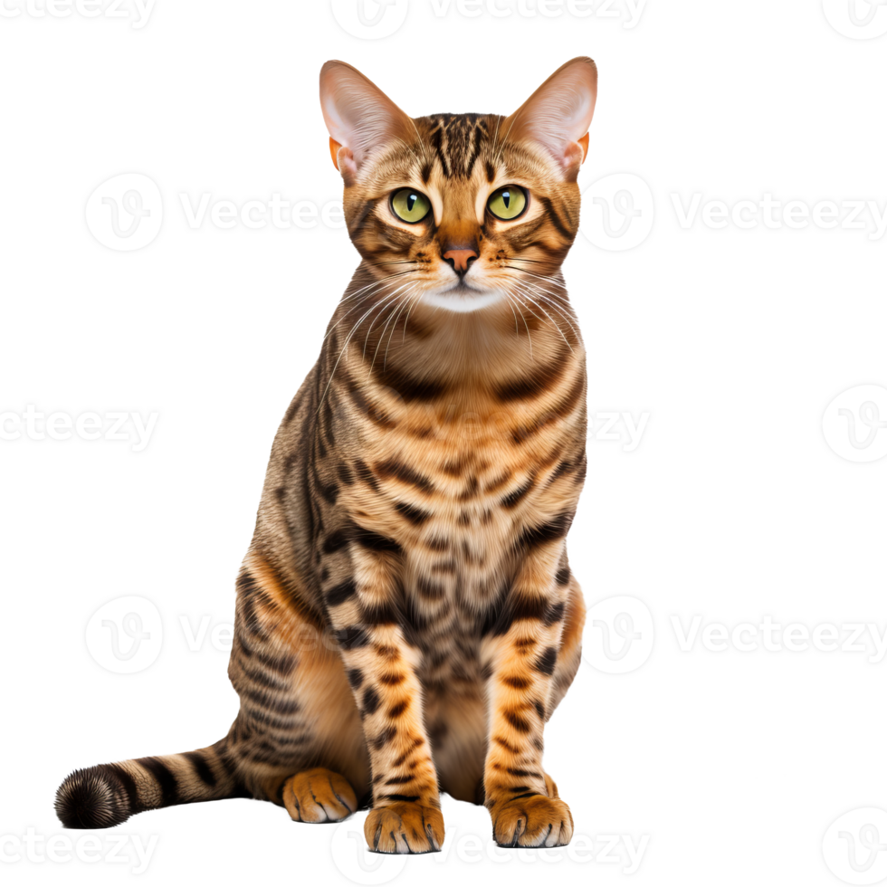 A lithe Bengal cat shown in its entirety stands against a clear background, its marbled coat and piercing eyes on full display. png