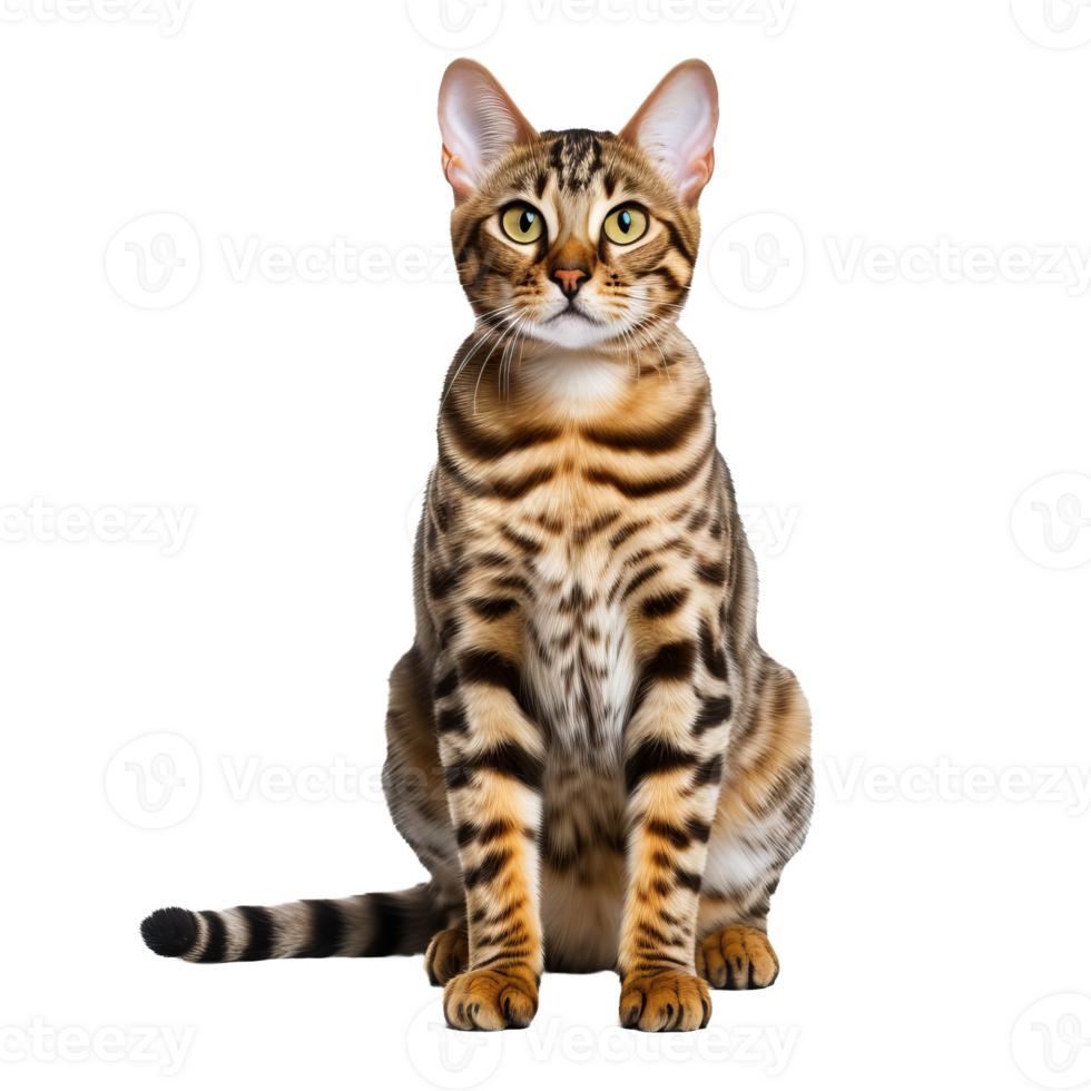 Full-body image of a Bengal cat with its distinctive spotted coat and muscular build, positioned against a transparent backdrop for clear visibility. png