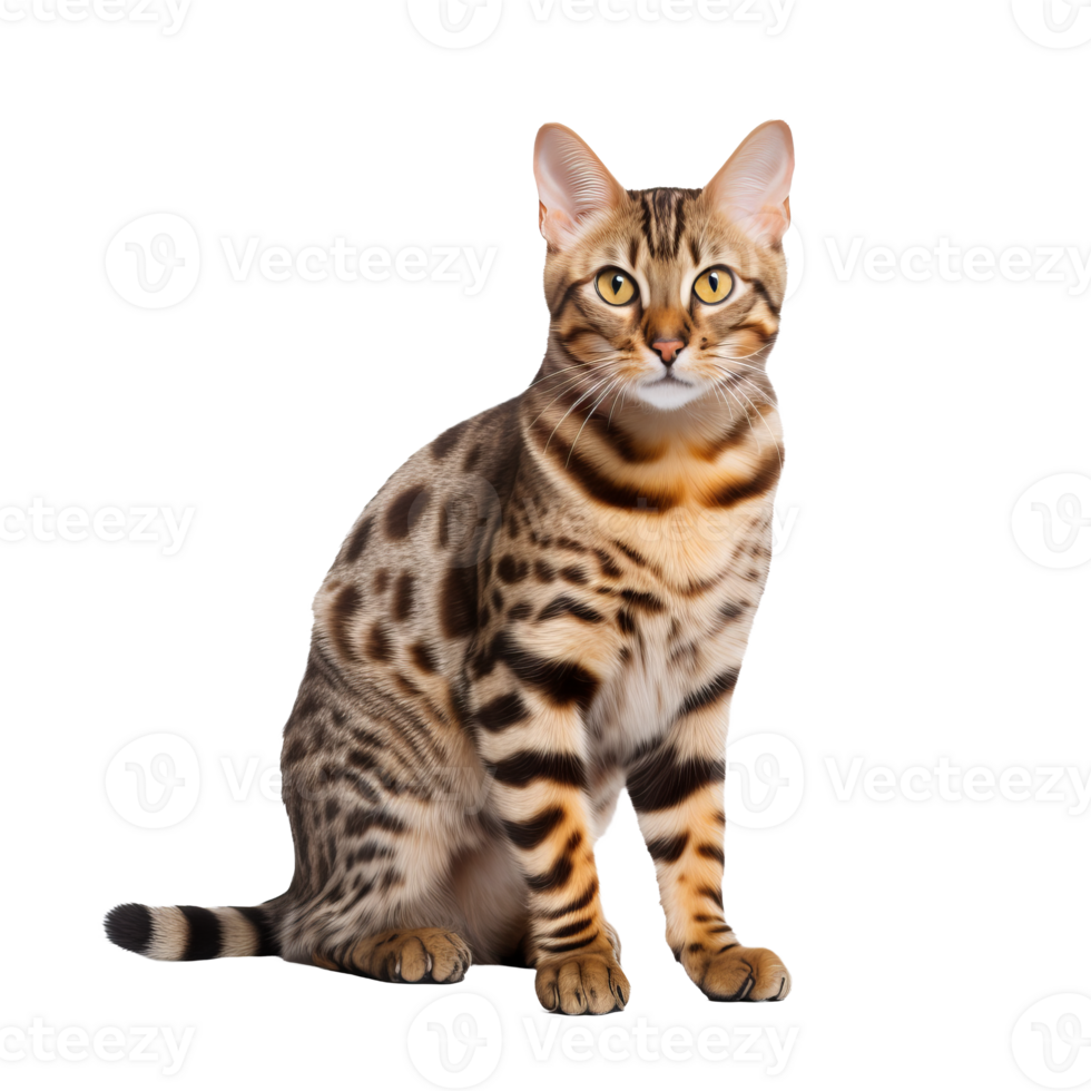 Bengal cat displayed in full body stance, with its distinctive spotted coat and muscular build, set against a clear transparent background. png