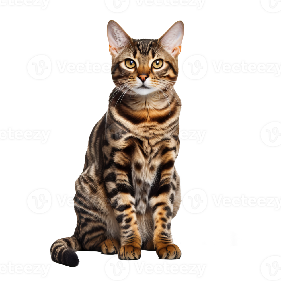A sleek Bengal cat with spotted fur poses in full body profile against a transparent backdrop, showcasing its wild appearance. png