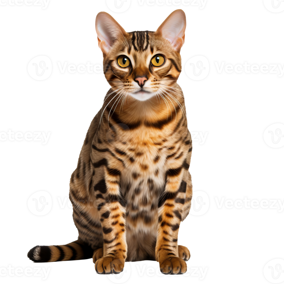 Bengal cat, full sleek body, vivid coat patterns, poised stance, crystal clear transparency background. png