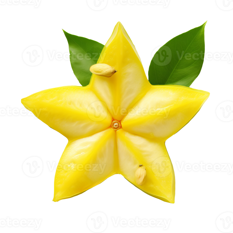 Whole star fruit isolated, clear background, vivid yellow-green skin, distinct ridges running down its length, fresh tropical produce. png