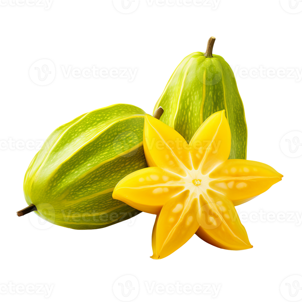 Star fruit isolated image, entire fruit visible, vivid colors, set against a clear transparent backdrop for versatility in design use. png
