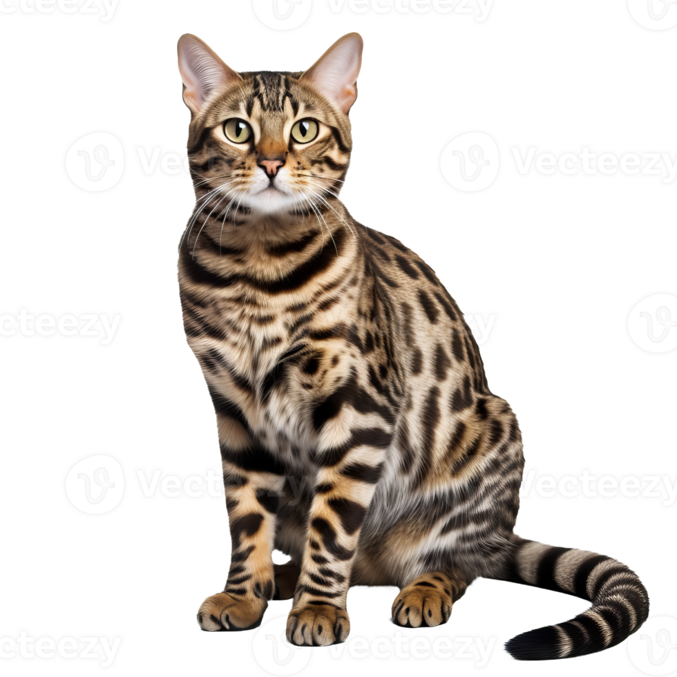 A full-bodied Bengal cat stands poised on a transparent background, its distinctive coat patterns and muscular frame highlighted. png