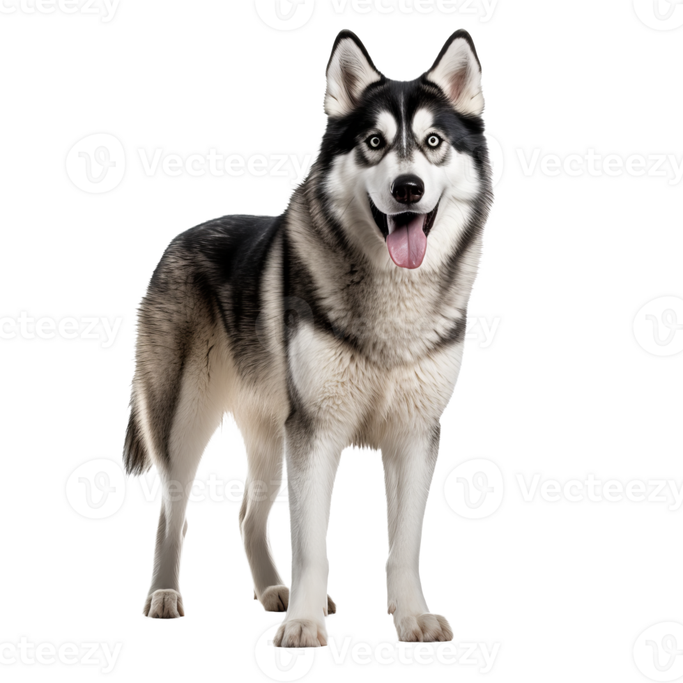 Siberian husky, full body visible, stands alert with piercing eyes and lush fur, showcased against a transparent backdrop. png