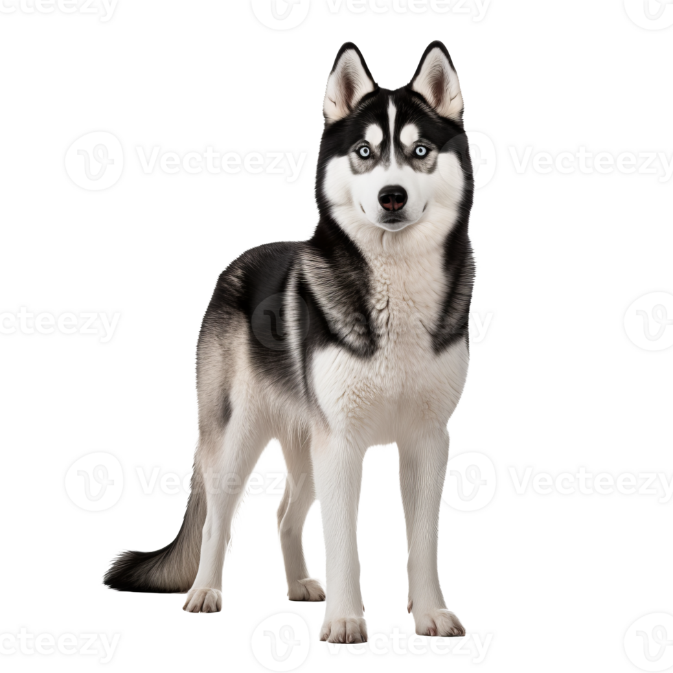 A full-body image of a Siberian Husky dog with a thick coat and piercing eyes, displayed on a clear, transparent background. png