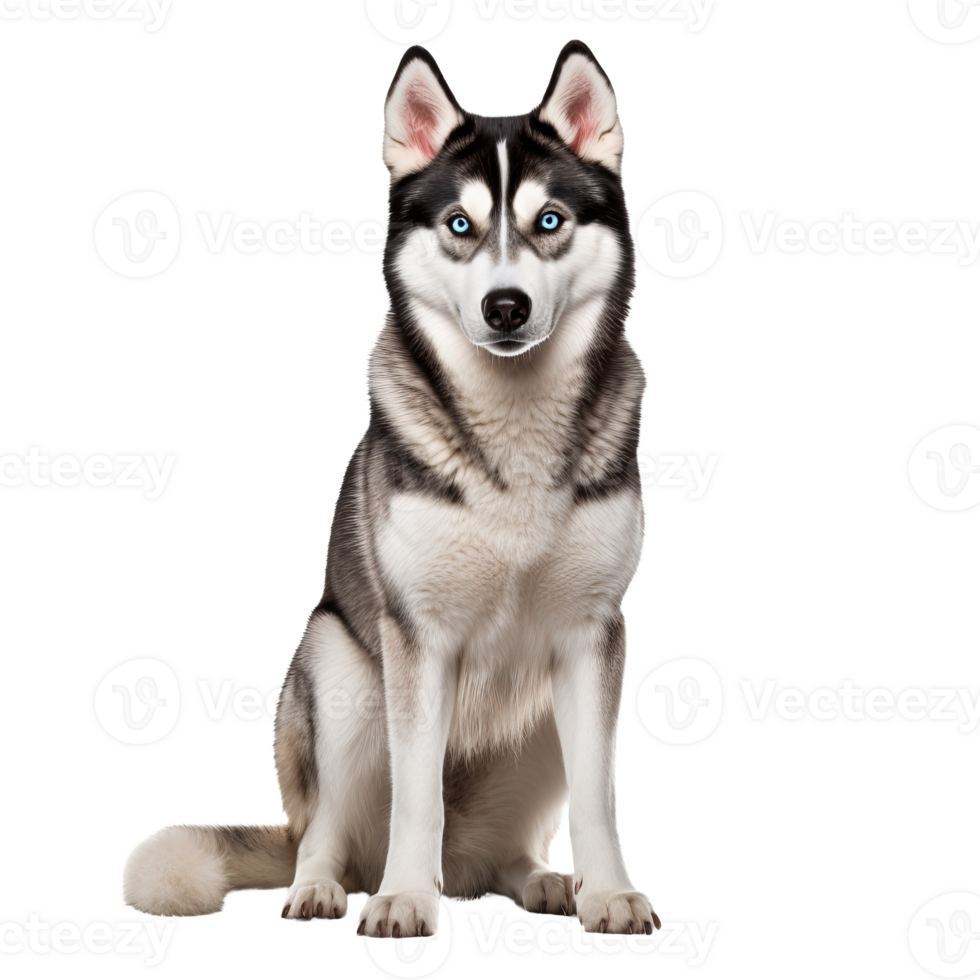 Siberian husky with a thick fur coat and piercing eyes, showcasing its full body, stands alert on a transparent backdrop. png