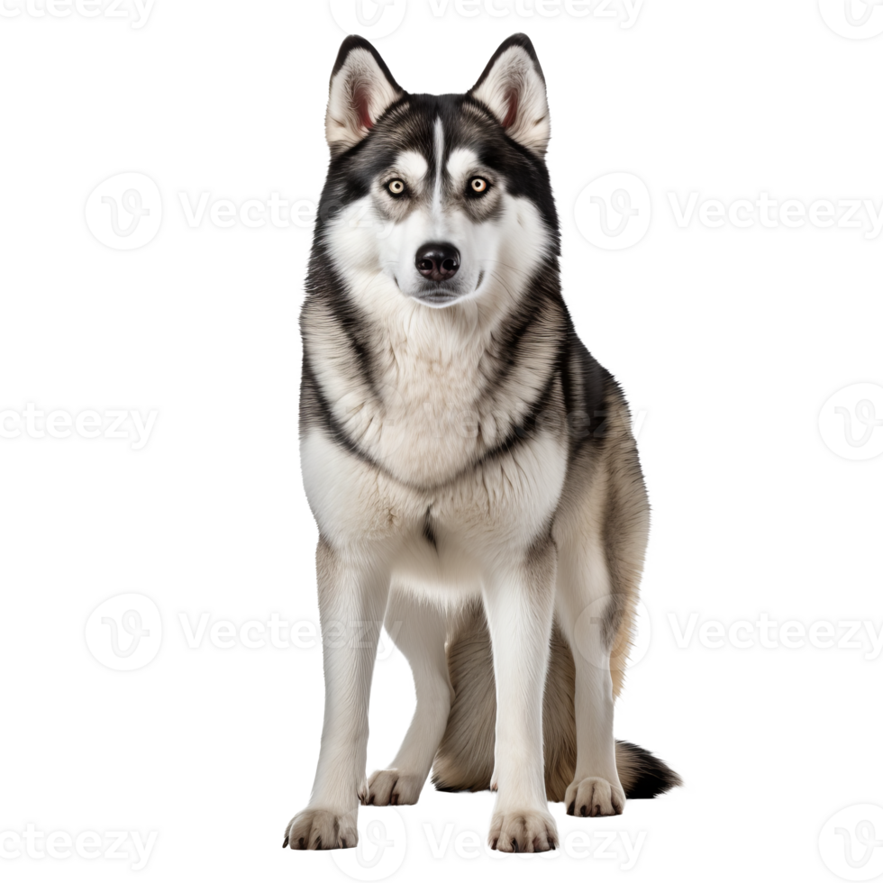Siberian Husky with striking blue eyes, thick fur coat, and alert ears stands in full view against a clear backdrop. png