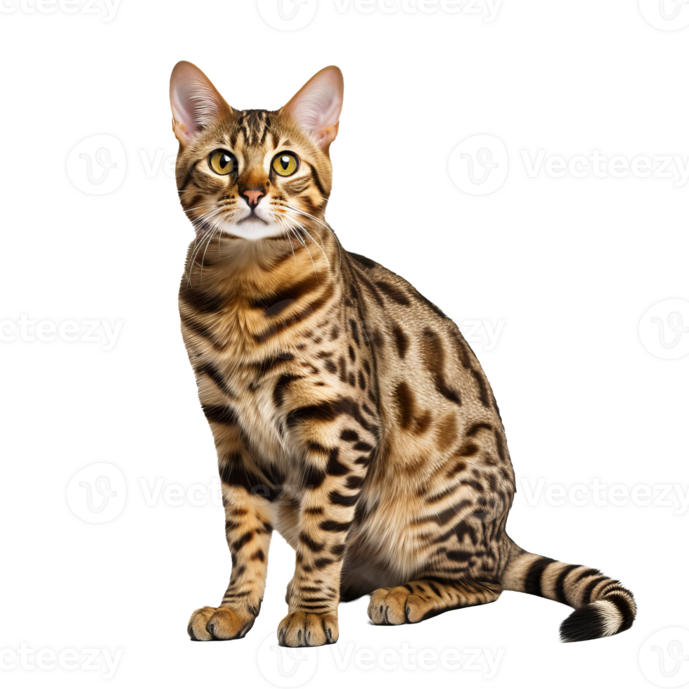 Bengal cat with distinctive rosettes and stripes, sleek full body pose, denotes vibrant coat on a transparent background. png