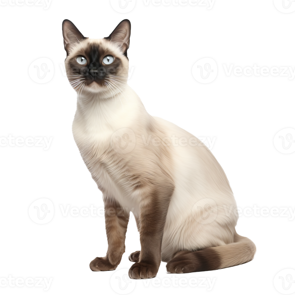 A Siamese cat, with its cream-colored fur and dark brown points, stands elegantly in full view, set against a clear transparent background. png