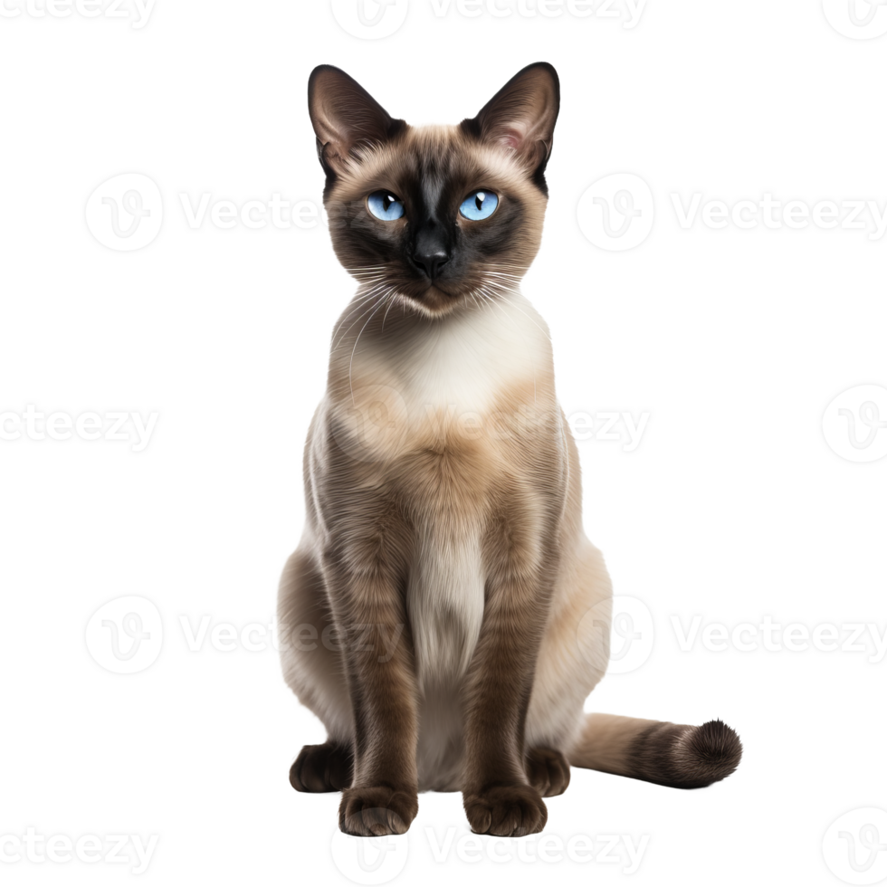 Siamese cat depicted in full body stance, elegantly poised with striking blue eyes, sleek coat, and distinct color points, set against a transparent backdrop. png